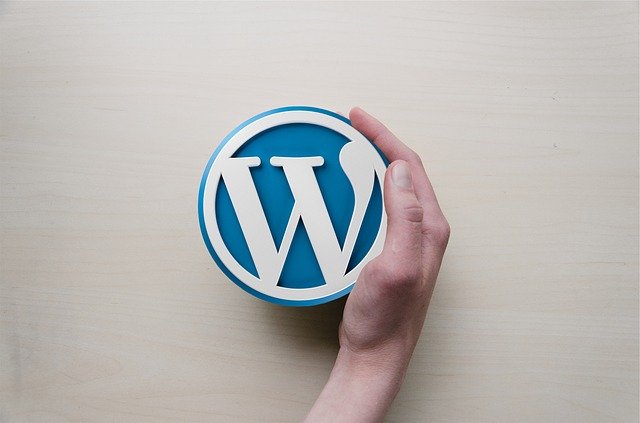 Une personne tenant un logo WordPress sur une table en bois.