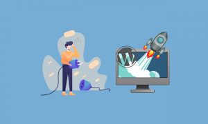 Illustration d'un homme avec un ordinateur et une fusée, présentant des stratégies de référencement.