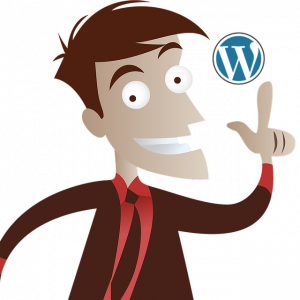 Un homme de dessin animé montrant le logo wordpress avec des pratiques de référencement.