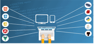 Illustration d'un développeur d'applications mobiles utilisant un ordinateur portable connecté à diverses icônes technologiques, notamment HTML5, CSS3, JavaScript, Angular, Vue.js, PHP, Python et GitHub. Le métier est représenté avec des éléments de codage en arrière-plan.
