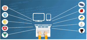 Illustration d'un développeur d'applications mobiles utilisant un ordinateur portable connecté à diverses icônes technologiques, notamment HTML5, CSS3, JavaScript, Angular, Vue.js, PHP, Python et GitHub. Le métier est représenté avec des éléments de codage en arrière-plan.
