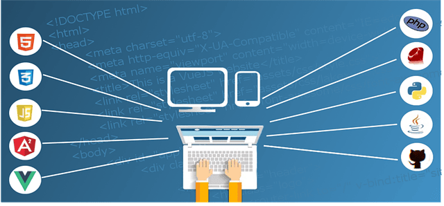 Illustration d'un développeur d'applications mobiles utilisant un ordinateur portable connecté à diverses icônes technologiques, notamment HTML5, CSS3, JavaScript, Angular, Vue.js, PHP, Python et GitHub. Le métier est représenté avec des éléments de codage en arrière-plan.